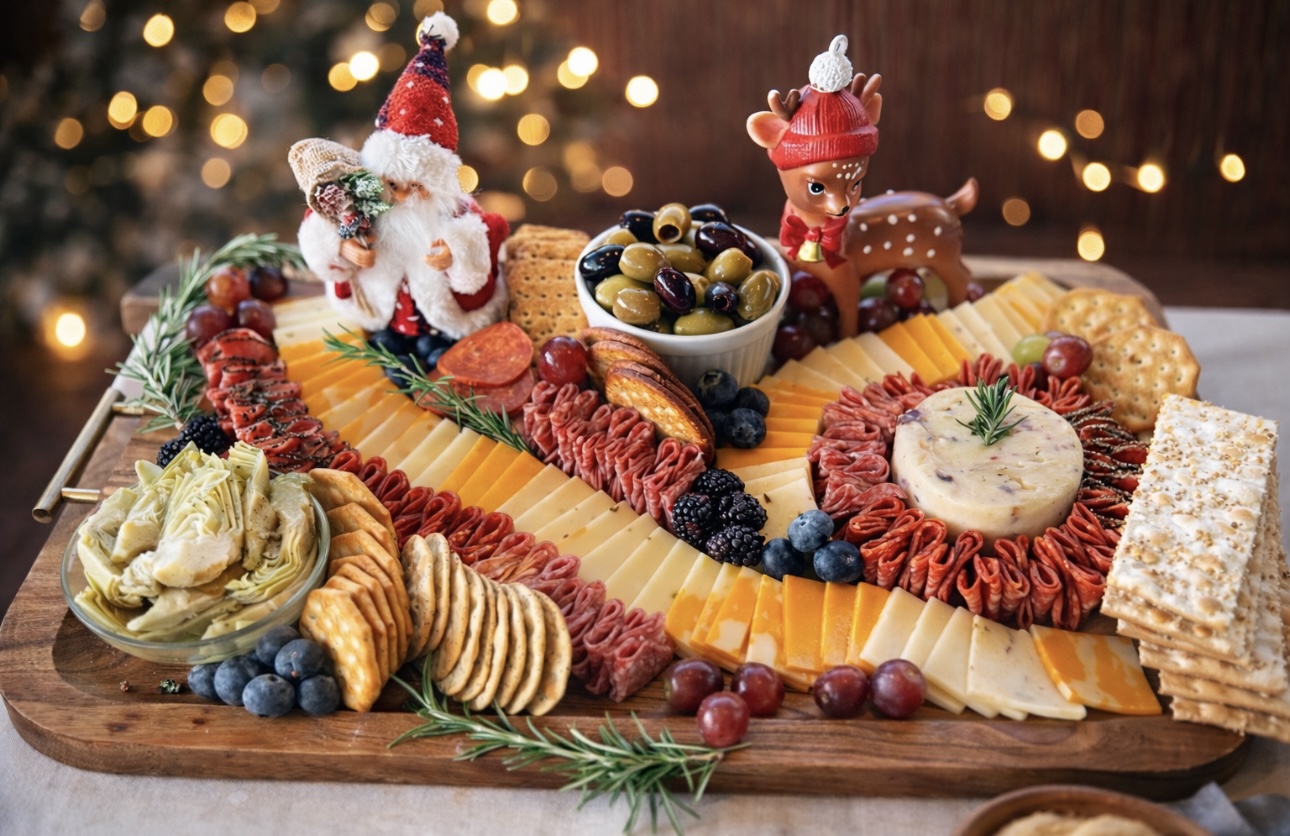 Holiday charcuterie board with festive decor, cheeses, meats, and crackers