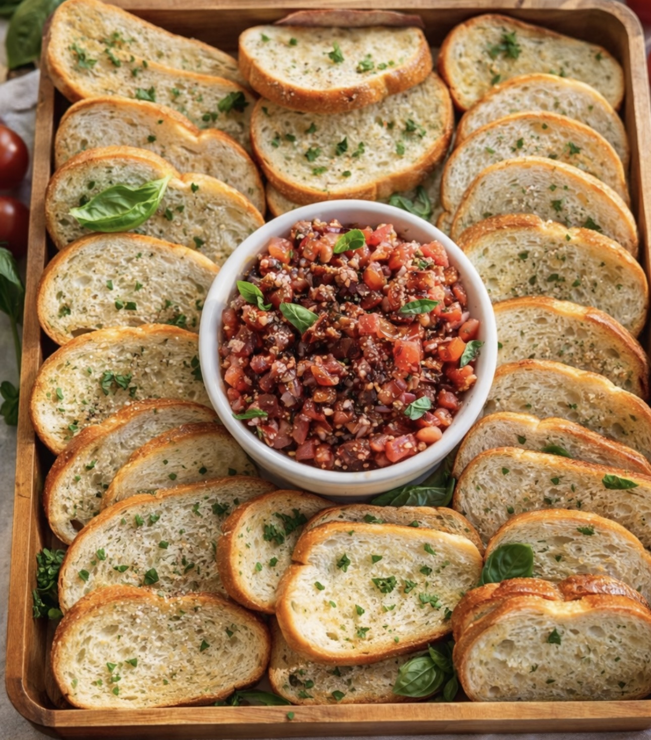 Bruschetta board with toasted crostini surrounding tomato topping