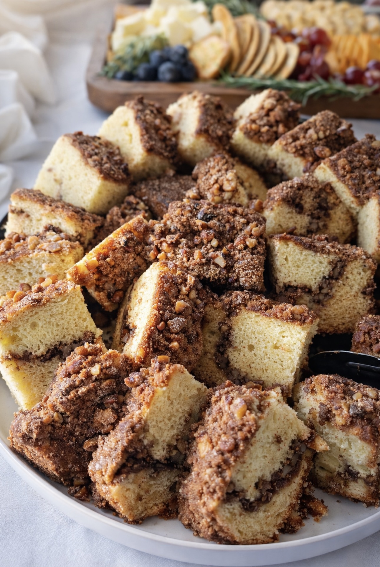 Coffee cake bites with cinnamon crumble topping on a serving plate