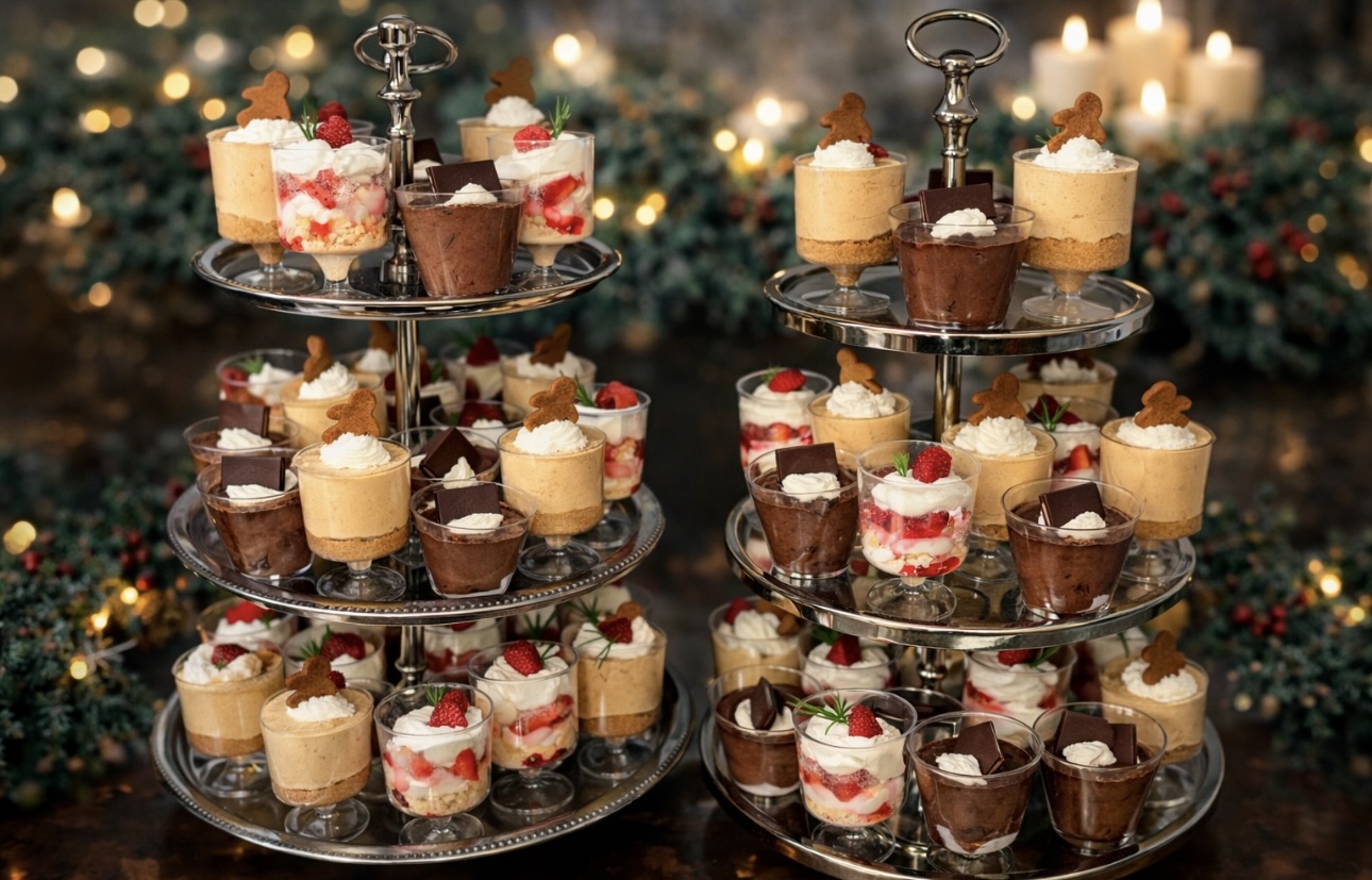 Two tiered dessert towers with mini cheesecakes, mousse cups, and gingerbread garnish