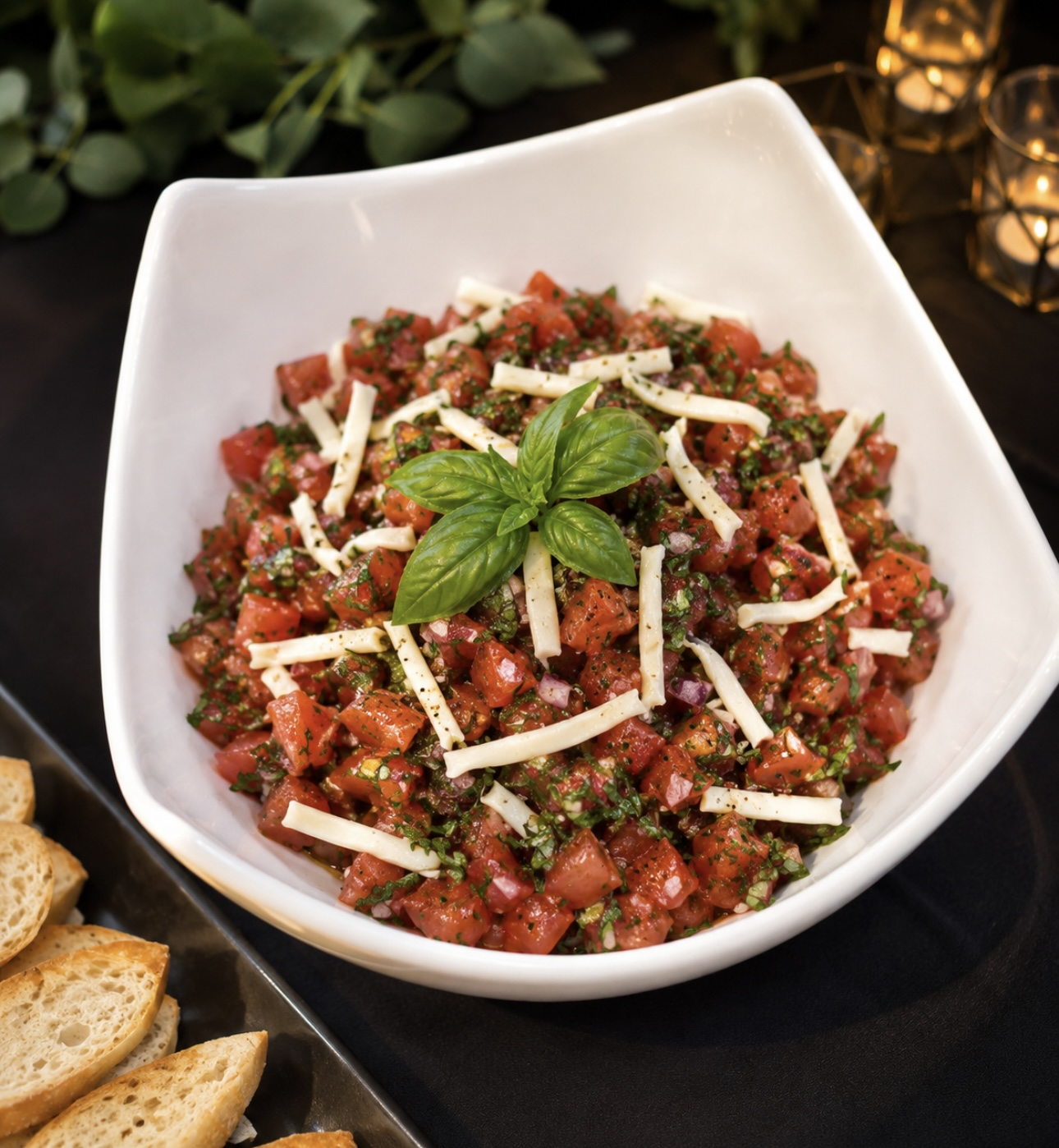 Fresh bruschetta appetizer in a serving bowl