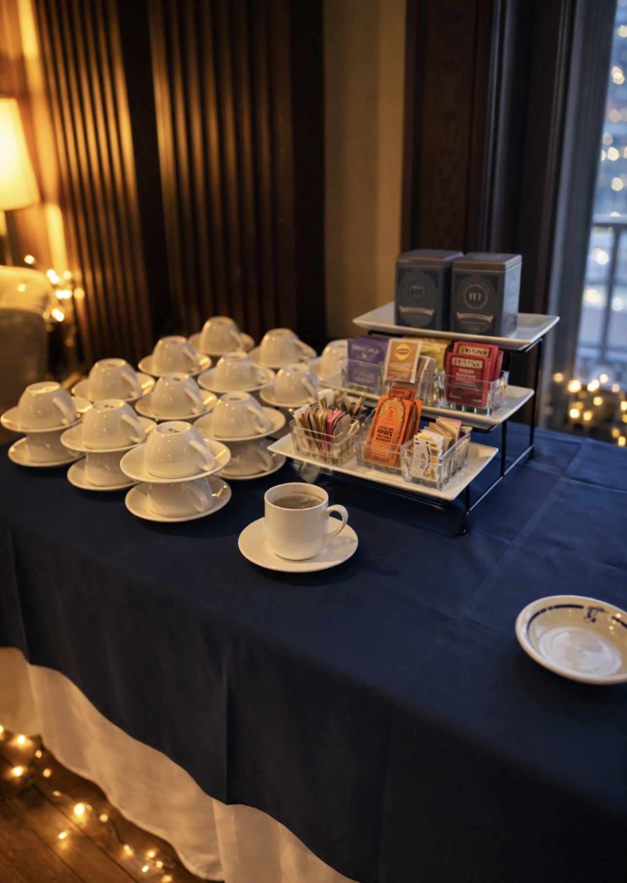 Coffee and tea station with stacked cups and assorted teas on navy linens