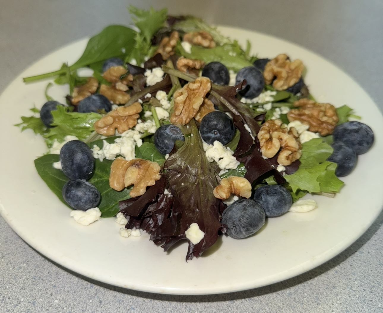 Mixed greens salad with blueberries, walnuts, and bleu cheese