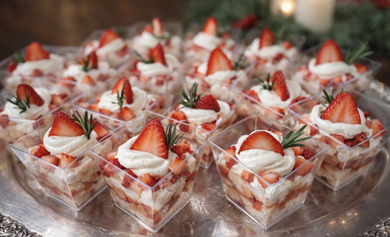 Mini strawberry shortcake cups with whipped cream and rosemary garnish