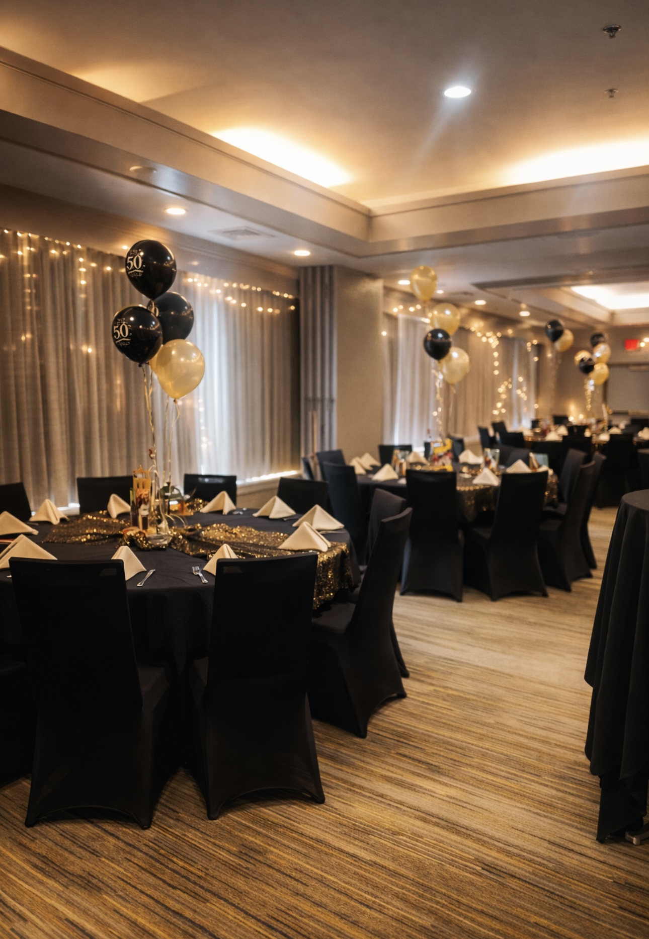 50th birthday ballroom with black and gold balloon centerpieces and twinkle lights