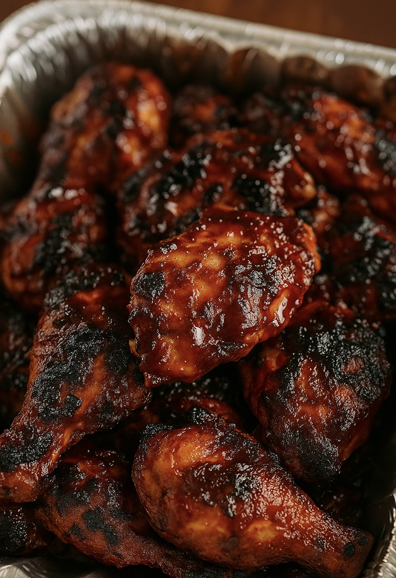 Charred BBQ glazed chicken drumsticks in a catering tray