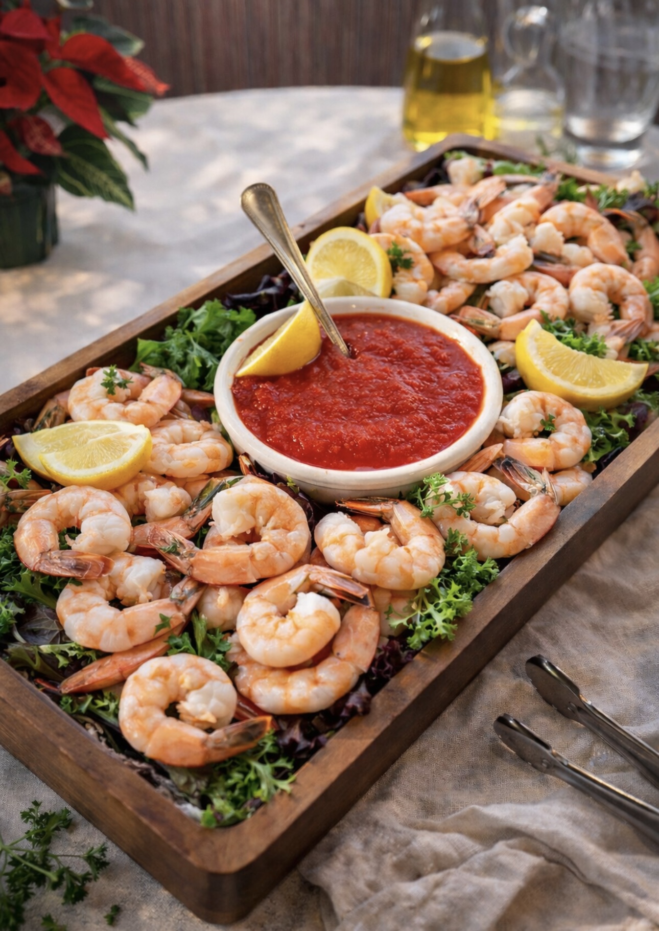 Chilled shrimp platter with cocktail sauce and lemon wedges