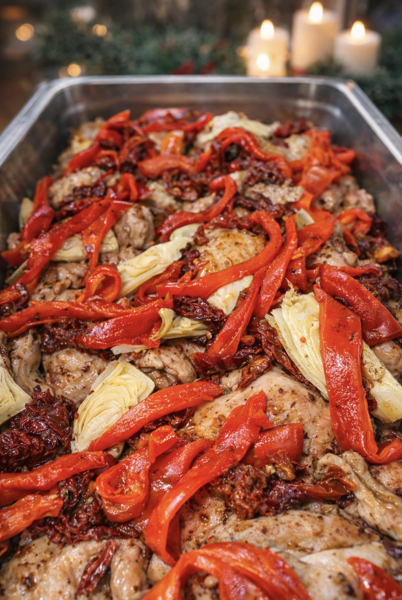 Mediterranean chicken with roasted red peppers, artichokes, and sun-dried tomatoes