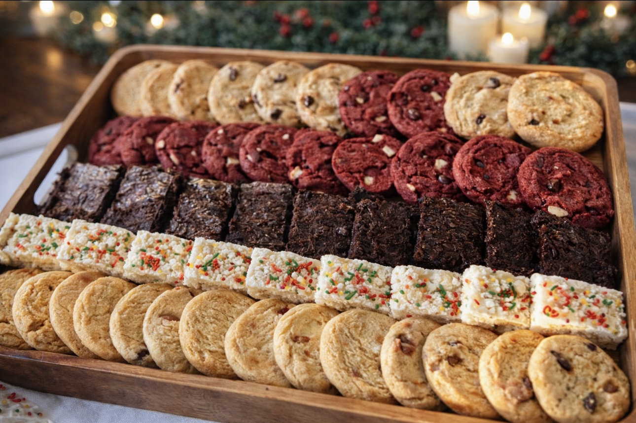 Wooden tray of assorted cookies, brownies, and sprinkled rice crispy treats
