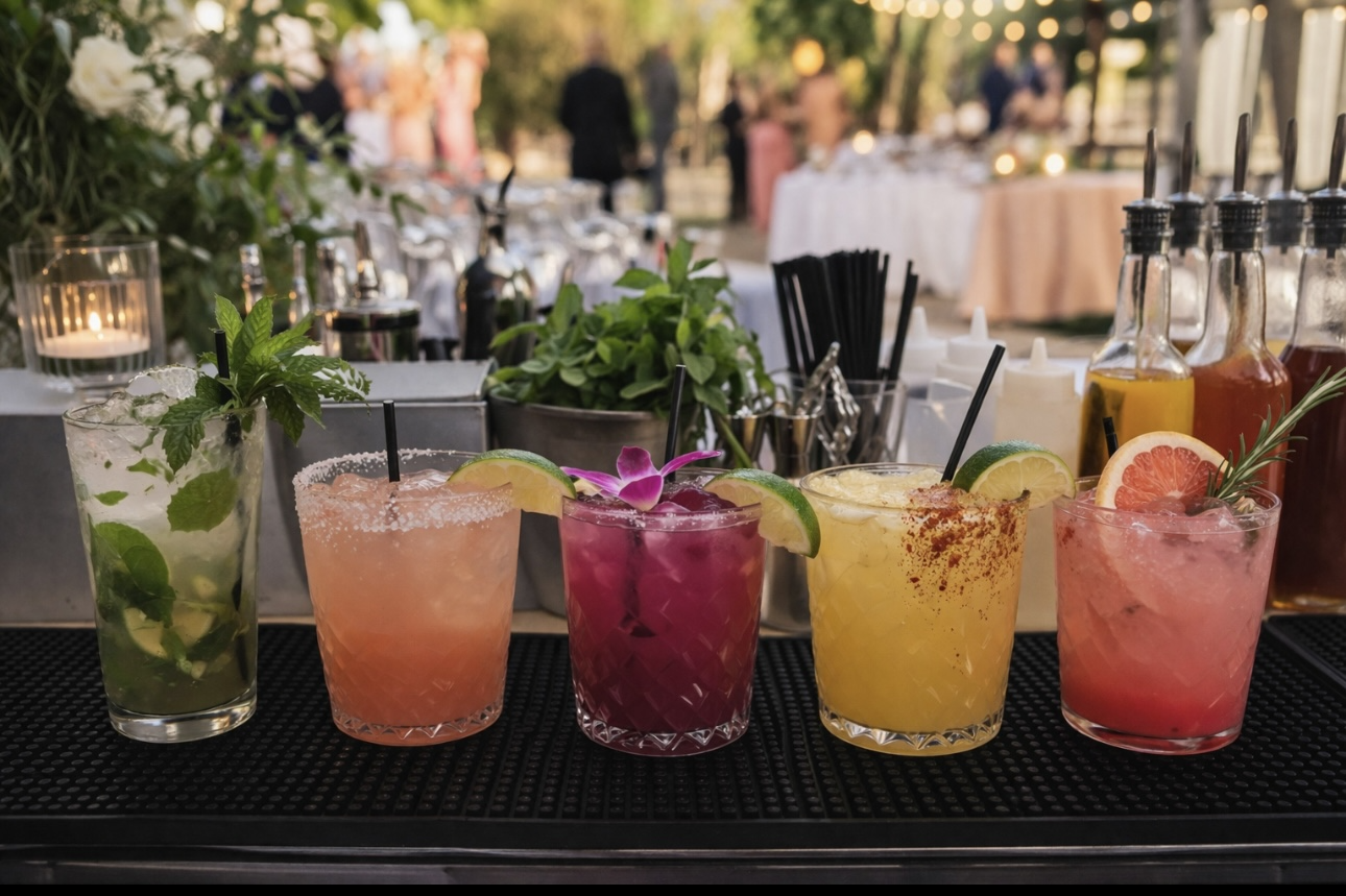 Outdoor cocktail lineup at an event bar