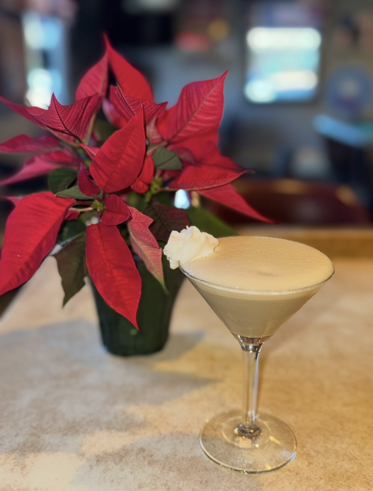 Holiday espresso martini styled beside a red poinsettia